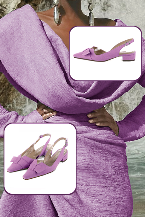 Women's amethyst purple elegant slingback heels, with a bow on the front. Tapered toe. Low block heels - Top view